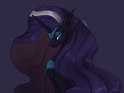 Size: 2048x1536 | Tagged: safe, artist:siripim111, nightmare rarity, pony, unicorn, g4, chest fluff, ethereal mane, eyeshadow, female, jewelry, lidded eyes, long mane, looking at you, makeup, mare, peytral, purple background, regalia, simple background, solo, starry mane, straight face