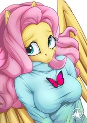 Size: 955x1351 | Tagged: safe, artist:mysticalpha, fluttershy, butterfly, anthro, g4, breasts, busty fluttershy, clothes, cute, female, looking at you, shyabetes, simple background, solo, sweater, sweatershy, white background