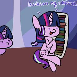Size: 1000x1000 | Tagged: safe, artist:yinglung, starlight glimmer, twilight sparkle, pony, unicorn, g4, body pillow, book, dialogue, dot eyes, mocking, style emulation, that pony sure does love books, wig