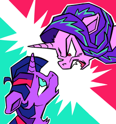 Size: 1018x1087 | Tagged: safe, artist:nelfs, starlight glimmer, twilight sparkle, pony, unicorn, g4, alternate universe, angry, looking at each other, open mouth