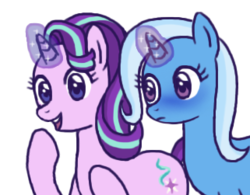 Size: 321x251 | Tagged: safe, artist:peach-sea, starlight glimmer, trixie, pony, unicorn, g4, blushing, female, glowing horn, horn, lesbian, ship:startrix, shipping, wrong magic color