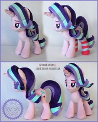 Size: 2808x3500 | Tagged: safe, artist:lioncubcreations, starlight glimmer, pony, unicorn, g4, clothes, female, high res, irl, lidded eyes, multiple views, photo, plushie, smiling, smirk, smug, socks, solo, striped socks