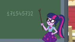 Size: 1920x1080 | Tagged: safe, edit, edited screencap, screencap, sci-twi, twilight sparkle, equestria girls, equestria girls specials, g4, my little pony equestria girls: better together, my little pony equestria girls: holidays unwrapped, chalkboard, female, geode of telekinesis, glasses, magical geodes, ponytail, scott steiner, solo