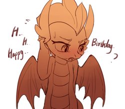 Size: 2300x2000 | Tagged: safe, artist:luciferamon, smolder, dragon, g4, blushing, cute, dialogue, dragoness, event horizon of cuteness, female, happy birthday, high res, hnnng, monochrome, shy, simple background, smolderbetes, solo, style emulation, white background
