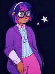 Size: 1536x2047 | Tagged: safe, artist:incendiarymoth, sci-twi, twilight sparkle, human, g4, black background, blushing, bowtie, clothes, dark skin, female, glasses, humanized, jewelry, necklace, signature, simple background, solo, star of david