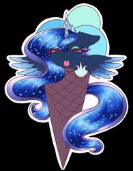 Size: 790x1011 | Tagged: safe, alternate version, artist:sweetpea-and-friends, princess luna, alicorn, pony, unicorn, g4, cute, ear fluff, eyes closed, female, floppy ears, food, ice cream, lunabetes, mare, needs more jpeg, solo, sticker, tongue out