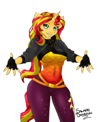 Size: 3508x4401 | Tagged: safe, artist:salamishowdown, sunset shimmer, anthro, equestria girls, equestria girls series, g4, sunset's backstage pass!, spoiler:eqg series (season 2), belly button, clothes, female, fingerless gloves, gloves, looking at you, outstretched arms, solo, tight clothing