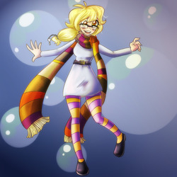 Size: 750x750 | Tagged: safe, artist:craftykraken, artist:jitterbugjive, derpy hooves, human, lovestruck derpy, g4, adorkable, bubble, clothes, cute, derpabetes, dork, dress, female, fourth doctor's scarf, humanized, scarf, socks, solo, stockings, striped scarf, striped socks, thigh highs