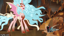 Size: 360x202 | Tagged: safe, screencap, cozy glow, lord tirek, queen chrysalis, alicorn, centaur, changeling, changeling queen, pegasus, pony, g4, the ending of the end, alicornified, animated, bow, cozycorn, discord magic, evil lair, evil magic, female, giant demon alicorn cozy glow, giant pony, gif, gif for breezies, grogar's bell, grogar's lair, imgflip, lair, macro, male, picture for breezies, race swap, tail bow, ultimate chrysalis