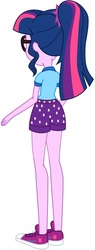 Size: 329x863 | Tagged: safe, artist:marcorulezzz, edit, editor:thomasfan45, vector edit, sci-twi, twilight sparkle, human, equestria girls, g4, my little pony equestria girls: legend of everfree, away from viewer, clothes, converse, female, glasses, legs, no socks, ponytail, shirt, shoes, shorts, simple background, sneakers, sockless edit, solo, t-shirt, vector, white background
