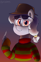 Size: 1250x1920 | Tagged: safe, artist:perezadotarts, oc, earth pony, pony, blades, clothes, costume, fanart, freddy krueger, halloween, halloween costume, hat, holiday, looking at you, nightmare on elm street, photo, request, simple background, solo, sunglasses, sweater