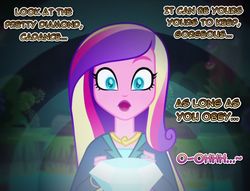 Size: 994x758 | Tagged: safe, artist:snakeythingy, edit, dean cadance, princess cadance, human, equestria girls, g4, my little pony equestria girls: friendship games, clothes, cute, cutedance, diamond, female, forest, gem, hypno eyes, hypnosis, hypnotized, obey, offscreen character, solo, text