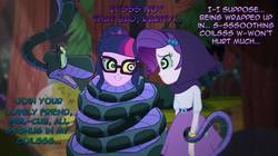Size: 1196x668 | Tagged: safe, artist:snakeythingy, edit, rarity, sci-twi, twilight sparkle, human, equestria girls, equestria girls specials, g4, my little pony equestria girls: dance magic, barrette, belt, bracelet, clothes, coiling, coils, cute, female, forest, glasses, hood, hypno eyes, hypnority, hypnosis, jewelry, kaa, kaa eyes, looking at each other, massage, mind control, peril, ponytail, skirt, smiling, spirals, text