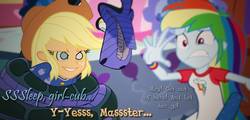 Size: 1289x620 | Tagged: safe, artist:snakeythingy, edit, applejack, rainbow dash, human, equestria girls, g4, my little pony equestria girls: rainbow rocks, applejack's hat, bedroom, clothes, coiling, coils, cowboy hat, cute, female, hat, hypno eyes, hypnojack, kaa, kaa eyes, looking down, master, mind control, pajamas, peril, smiling, story included, text, the jungle book