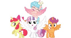 Size: 2000x1080 | Tagged: safe, apple bloom, cozy glow, scootaloo, sweetie belle, alicorn, pony, g4, the ending of the end, alicorn crusaders, alicornified, bloomicorn, cozycorn, cutie mark crusaders, harsher in hindsight, race swap, scootacorn, sweetiecorn, this will not end well, xk-class end-of-the-world scenario