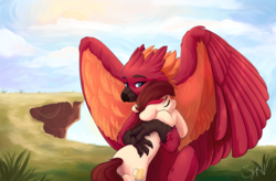 Size: 2874x1885 | Tagged: safe, artist:survya, oc, oc only, oc:appleale, oc:arcus flamefeather, classical hippogriff, earth pony, hippogriff, pony, hug, wholesome