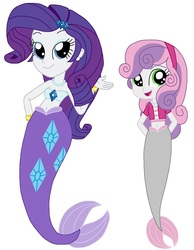 Size: 612x789 | Tagged: safe, artist:rebelprincess59, editor:thomasfan45, rarity, sweetie belle, mermaid, equestria girls, g4, bandeau, bare arms, bare shoulders, barrette, belly button, bracelet, clothes, cute, cutie mark on tail, diasweetes, female, fins, jewelry, mermaid tail, mermaidized, mermarity, midriff, necklace, open mouth, pearl necklace, raribetes, sexy, short shirt, siblings, simple background, sisters, smiling, species swap, tail, vector, white background