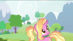 Size: 1920x1080 | Tagged: safe, screencap, luster dawn, pony, unicorn, g4, the last problem, female, mountain, smiling, solo, tree