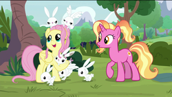 Size: 1920x1080 | Tagged: safe, edit, edited screencap, screencap, fluttershy, luster dawn, pegasus, pony, rabbit, unicorn, g4, the last problem, animal, curious, happy, older, older fluttershy, open mouth, removed eyebag edit, smiling, surprised, tree