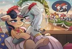 Size: 2400x1621 | Tagged: safe, artist:tcn1205, applejack, berry punch, berryshine, bon bon, daisy, derpy hooves, doctor whooves, flitter, flower wishes, lyra heartstrings, rarity, roseluck, sweetie drops, time turner, twinkleshine, oc, oc:poomy thai, earth pony, pegasus, pony, unicorn, g4, the last problem, blushing, clothes, commission, dress, earth pony oc, eye contact, female, flower, flower in hair, horn, horn ring, human shoulders, i can't believe it's not lumineko, jewelry, lesbian, lesbian in front of boys, looking at each other, male, mare, marriage, necklace, ring, ship:lyrabon, ship:rarijack, shipping, wedding, wedding dress, wedding ring