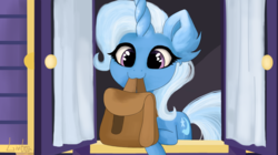 Size: 2200x1230 | Tagged: safe, artist:livitoza, trixie, pony, unicorn, g4, to where and back again, :3, bag, cute, diatrixes, ear fluff, female, leaning, mare, mouth hold, nom, saddle bag, smiling, solo, to saddlebags and back again, trixie's wagon