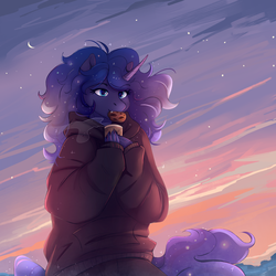 Size: 2364x2366 | Tagged: safe, artist:1an1, princess luna, alicorn, anthro, g4, chocolate, clothes, cookie, cup, cute, fangs, female, food, high res, hoodie, hot chocolate, lunabetes, mare, mouth hold, pants, snow, solo