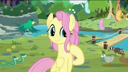 Size: 1920x1080 | Tagged: safe, edit, edited screencap, screencap, fluttershy, bird, butterfly, duck, giraffe, raccoon, snake, g4, the last problem, bridge, female, flower, flower in hair, happy, older, older fluttershy, removed eyebag edit, river, smiling, solo, tree