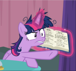 Size: 1006x942 | Tagged: safe, screencap, twilight sparkle, alicorn, pony, a trivial pursuit, g4, book, cropped, female, glowing horn, horn, levitation, lip bite, magic, mare, messy mane, pointing, solo, telekinesis, twilight sparkle (alicorn)