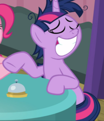 Size: 808x938 | Tagged: safe, screencap, twilight sparkle, alicorn, pony, a trivial pursuit, g4, bell, big smile, cropped, eyes closed, female, grin, messy mane, offscreen character, proud, sitting, smiling, solo focus, table, teeth, twilight sparkle (alicorn)