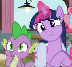 Size: 1003x941 | Tagged: safe, screencap, cup cake, spike, twilight sparkle, alicorn, dragon, pony, a trivial pursuit, g4, amused, baby dragon, claws, cropped, cute, duo focus, female, glowing horn, green eyes, grin, hand over mouth, horn, levitation, looking at someone, magic, magic aura, male, mare, obscured face, offscreen character, purple eyes, raised eyebrow, raised hoof, saddle bag, slit pupils, smiling, smirk, spikabetes, telekinesis, twiabetes, twilight sparkle (alicorn), winged spike, wings