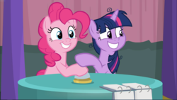 Size: 1668x940 | Tagged: safe, screencap, pinkie pie, twilight sparkle, alicorn, earth pony, pony, a trivial pursuit, g4, bell, cropped, cute, diapinkes, duo, female, grin, holding hands, mare, messy mane, shipping fuel, sitting, smiling, table, twiabetes, twilight sparkle (alicorn)