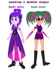 Size: 3547x4662 | Tagged: safe, artist:lhenao, oc, oc:dawn blast, oc:night spell, equestria girls, g4, alternate timeline, alternate universe, glasses, parent:midnight sparkle, parent:timber spruce, twin sisters, twins