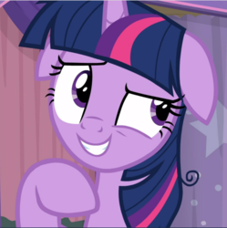 Size: 936x941 | Tagged: safe, screencap, twilight sparkle, alicorn, pony, a trivial pursuit, close-up, cropped, female, floppy ears, mare, raised eyebrow, smiling, smirk, solo, twilight sparkle (alicorn)