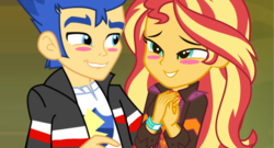 Size: 2004x1080 | Tagged: safe, artist:3d4d, flash sentry, sunset shimmer, equestria girls, equestria girls specials, g4, my little pony equestria girls: better together, my little pony equestria girls: sunset's backstage pass, blush sticker, blushing, female, male, ship:flashimmer, shipping, straight