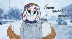 Size: 3500x1928 | Tagged: safe, artist:airfly-pony, oc, oc only, oc:scarlett drop, pegasus, anthro, anthro oc, clothes, coat, hat, scarf, solo