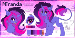 Size: 7526x3854 | Tagged: safe, artist:airfly-pony, oc, oc only, oc:miranda, pony, unicorn, vampire, chest fluff, curved horn, elepatrium, elepatrium universe, eye clipping through hair, fangs, female, forked tongue, horn, leonine tail, reference sheet, slit pupils, solo, tongue out, unicorn (elepatrium), universe elepatrium