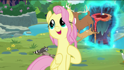 Size: 1920x1080 | Tagged: safe, edit, edited screencap, screencap, fluttershy, bird, deer, duck, pegasus, pony, raccoon, g4, the last problem, doe, female, flower, flower in hair, happy, jumping, older, older fluttershy, removed eyebag edit, river, singing, smiling, solo, stag, the discord zone, tree, wormhole