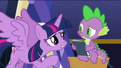 Size: 1920x1080 | Tagged: safe, screencap, spike, twilight sparkle, alicorn, dragon, pony, g4, the last problem, box, comic book, concerned, confused, spread wings, twilight sparkle (alicorn), wings, worried