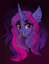 Size: 2124x2743 | Tagged: safe, artist:airfly-pony, artist:trickate, oc, oc only, oc:miranda, original species, pony, unicorn, vampire, bust, ear fluff, elepatrium, elepatrium universe, fangs, forked tongue, high res, horn, looking at you, portrait, slit pupils, solo, tongue out, unicorn (elepatrium), universe elepatrium