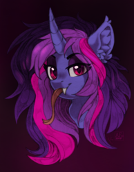 Size: 2124x2743 | Tagged: safe, alternate version, artist:airfly-pony, artist:trickate, oc, oc only, oc:miranda, pony, unicorn, vampire, bust, ear fluff, elepatrium, elepatrium universe, fangs, forked tongue, high res, horn, portrait, slit pupils, solo, tongue out, unicorn (elepatrium), universe elepatrium