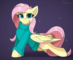 Size: 3000x2500 | Tagged: safe, artist:shadowreindeer, fluttershy, pegasus, pony, g4, behaving like a cat, bottomless, clothes, cute, female, high res, mare, partial nudity, shyabetes, solo, stretching, sweater, sweatershy