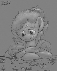Size: 2438x3038 | Tagged: safe, artist:rigbyh00ves, fluttershy, pegasus, pony, g4, alternate hairstyle, bust, craft, digital art, female, grayscale, high res, looking at something, looking down, mare, monochrome, prosthetic limb, prosthetics, screwdriver, sketch, smiling, solo, stray strand, wing hands, wings