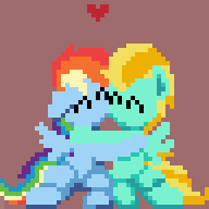 Size: 192x192 | Tagged: safe, artist:bitassembly, part of a set, lightning dust, rainbow dash, pegasus, pony, g4, animated, cute, duo, female, gif, heart, hug, lesbian, mare, pixel art, ship:rainbowdust, shipping, simple background, sprite, ych result