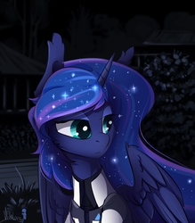 Size: 3500x4000 | Tagged: safe, artist:mithriss, princess luna, alicorn, pony, g4, bust, cheek fluff, clothes, commission, cosplay, costume, crossover, detroit: become human, female, folded wings, high res, jacket, mare, night, rk900, solo, wings