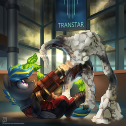 Size: 3200x3200 | Tagged: safe, artist:jedayskayvoker, oc, oc only, earth pony, pony, crossover, gloo, gloo cannon, gun, high res, indoors, male, monster, prey (video game), science fiction, space, video game crossover, weapon