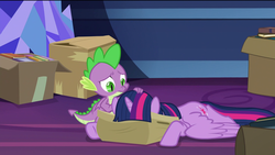 Size: 1920x1080 | Tagged: safe, screencap, spike, twilight sparkle, alicorn, dragon, pony, g4, the last problem, box, comforting, faceplant, frown, sad, twilight sparkle (alicorn), winged spike, wings