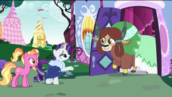 Size: 1920x1080 | Tagged: safe, edit, edited screencap, screencap, luster dawn, rarity, yona, pony, unicorn, yak, g4, the last problem, bow, bracelet, cape, carousel boutique, clothes, cloven hooves, dress, female, hair bow, happy, jewelry, lidded eyes, mare, monkey swings, older, older rarity, older yona, pointing, removed eyebag edit, smiling, surprised, trio