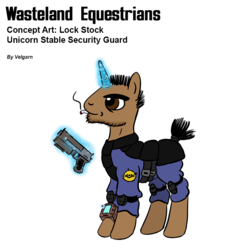 Size: 800x800 | Tagged: safe, artist:velgarn, oc, oc only, oc:lock stock, pony, unicorn, fallout equestria, armor, badge, cigarette, clothes, concept art, gun, knee pads, magic, male, pen and paper rpg, pipbuck, rpg, security armor, security guard, simple background, smoking, solo, stable-tec, suit, telekinesis, wasteland equestrians, weapon, white background