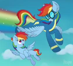 Size: 1109x1000 | Tagged: safe, artist:itazurana, rainbow dash, pegasus, pony, g4, clothes, cloud, female, filly, filly rainbow dash, flying, goggles, mlp fim's ninth anniversary, multicolored hair, rainbow hair, rainbow tail, rainbow trail, sky, smiling, uniform, wings, wonderbolts uniform, younger