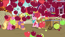 Size: 1920x1080 | Tagged: safe, edit, edited screencap, screencap, applejack, big macintosh, little mac, luster dawn, sugar belle, earth pony, pony, unicorn, g4, the last problem, apple, aunt and nephew, barn, brother and sister, carrot, colt, father and son, female, foal, food, happy, holding hooves, hug, husband and wife, male, mare, mother and son, older, older applejack, older big macintosh, older sugar belle, removed eyebag edit, scene transition, ship:sugarmac, shipping, siblings, smiling, stallion, straight, sweet apple acres, wagon